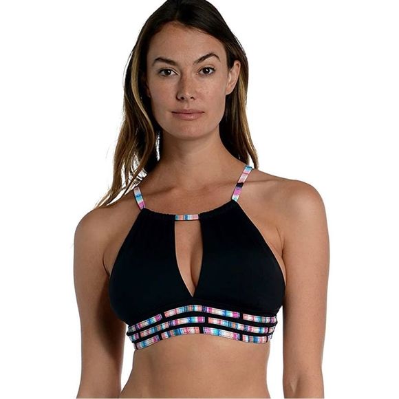 New La Blanca High Neck Midkini Top Size 4 Black/Multicolor - Picture 1 of 7